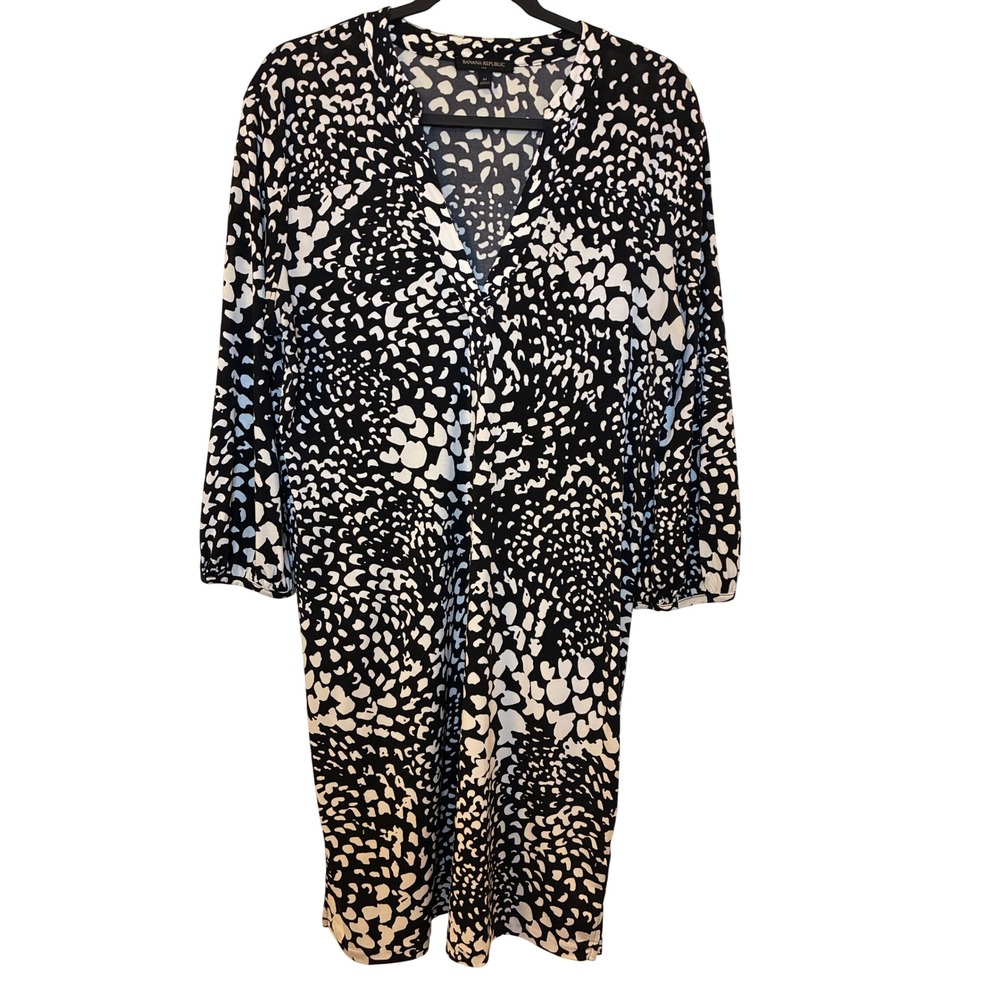 Banana Republic Black White Abstract Animal Print V-Neck 3/4 Sleeve Dress M